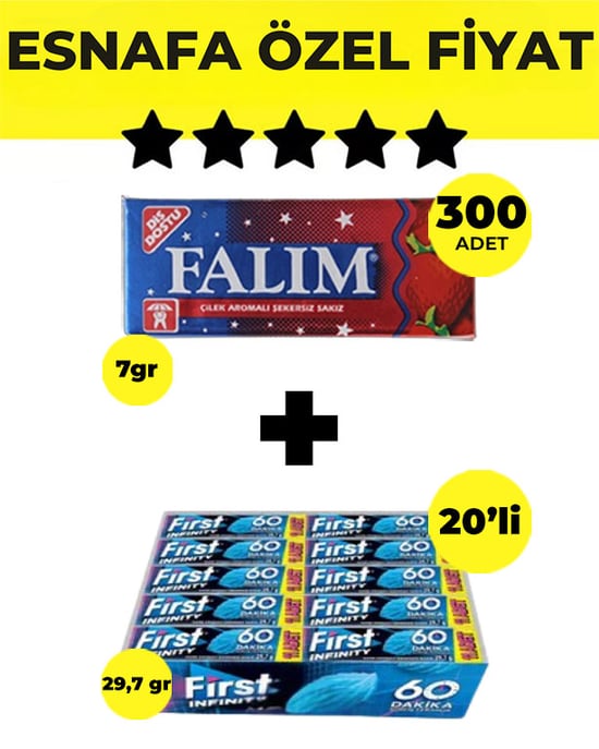 Falım Çilek Aromalı Sakız (5'li 7gr X 300 Adet) + First İnfinity 11s Stick Nane Aromalı Sakız (29,7 G X 20 Adet) Bedelsiz - Avantajlı Falım First Paketi