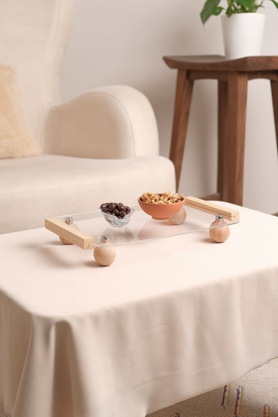 Ahşap Top Ayaklı Pleksi Şeffaf Dekoratif Tepsi, Düzenleyici,sunumluk 005166