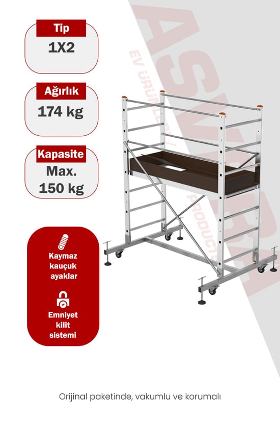Asvera 3 Metre Tek Kademeli Alüminyum İskele Merdiven - Profesyonel Tekerlekli Hareketli İskele