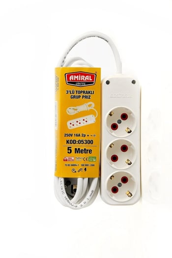 Amiral 5 Metre Kablolu Topraklı 3lü Grup Priz