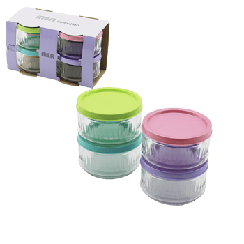 Msa Collection Lapis-111 ( 4pcs ) Cam Saklama Kabı ( Renkli Kapaklı ) ( 400cc & 13.53 Oz )