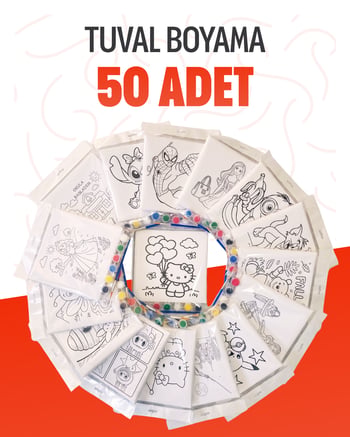 Toptan Çocuk Tuval Boyama Seti 20x20 Cm (50'li Paket) - 6 Renk Akrilik Boya ve Fırça Hediyeli - Askılı Poşetli Stand Boyu
