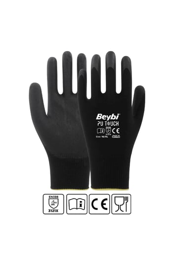 Beybi Pu Touch Siyah Poliüretan Kaplı Polyester Örme Nitril İş Eldiveni 8 Beden