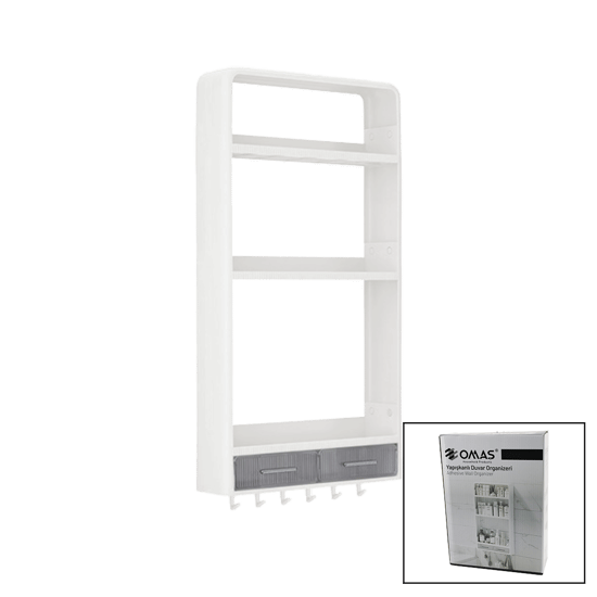 Omaş-tera Om-0817 ( Beyaz ) Yapışkanlı Duvar Organizeri Plastik ( 3 Raf=14cm-19cm-30cm & 2 Çekmece=40cm & 6 Askı ) ( 19 Pcarça )