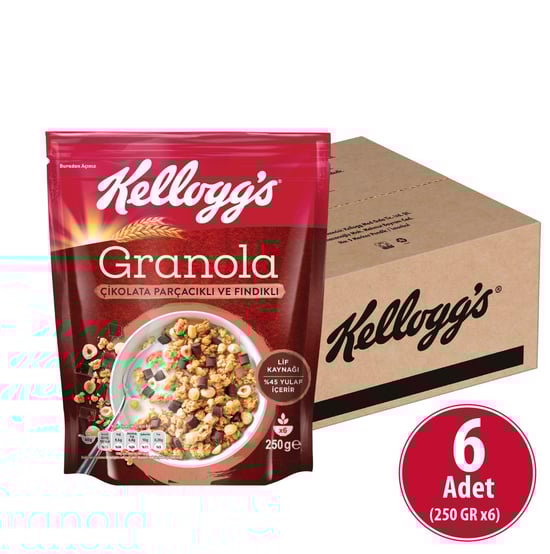 Kellogg's Çikolata Parçacıklı ve Fındıklı Granola 250 Gr X 6 Adet