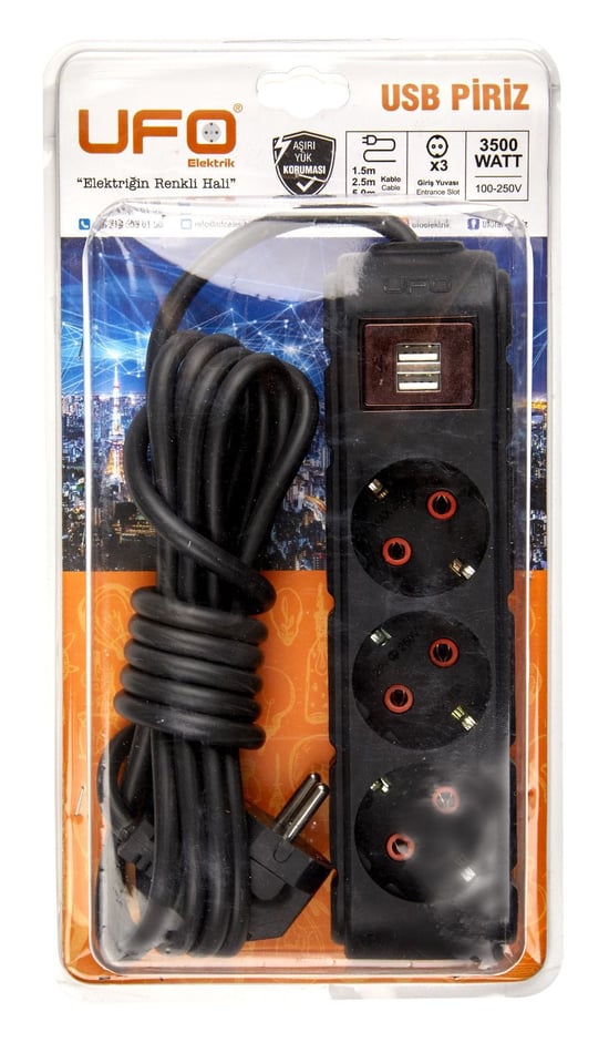 Ufo 3'lü 2.5 Metre USB'li Grup Priz Siyah