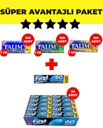 Falım Karışık-Damla-Nane Aromalı Sakız (5'li 7gr x 100'er Adet) + First Infinity 11S Stick Nane Aromalı Sakız (29,7 G x 20 Adet) - Avantajlı Falım First Paketi