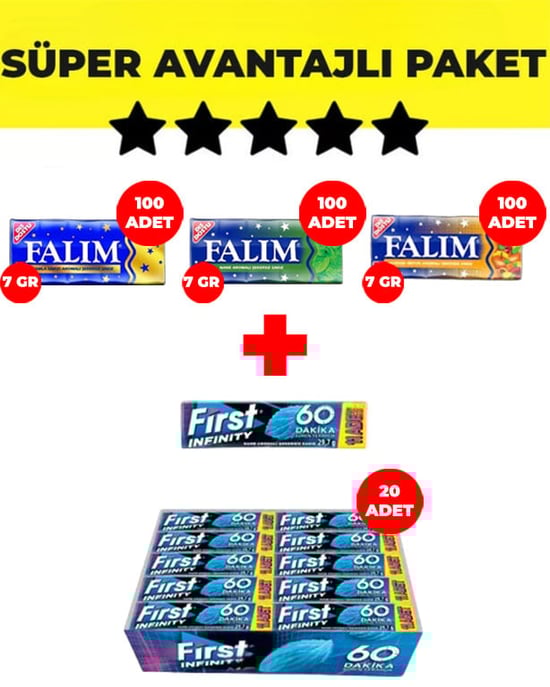 Falım Karışık-Damla-Nane Aromalı Sakız (5'li 7gr x 100'er Adet) + First Infinity 11S Stick Nane Aromalı Sakız (29,7 G x 20 Adet) - Avantajlı Falım First Paketi