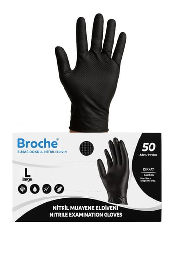 Broche Elmas Dokulu Tırtıklı Siyah Nitril Eldiven (large-büyük Boy) 50'lik Kutu