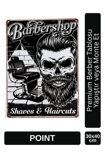 Point Barber Shop Kuaför Salonu için Parlak Metal Tablo 30x40 Cm Pctr-2004