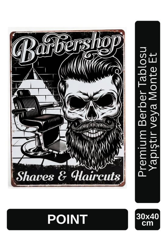 Point Barber Shop Kuaför Salonu için Parlak Metal Tablo 30x40 Cm Pctr-2004