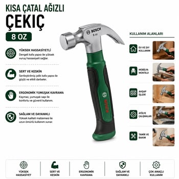 Bosch-1 600 A02 Za3 ( 431 ) Kısa Çatal Çekiç ( 8oz ) 16cm ( Ergonamik Yumuşak Sap )