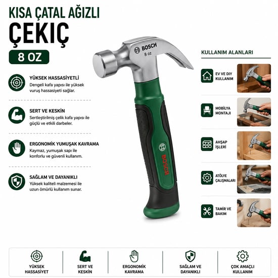Bosch-1 600 A02 Za3 ( 431 ) Kısa Çatal Çekiç ( 8oz ) 16cm ( Ergonamik Yumuşak Sap )
