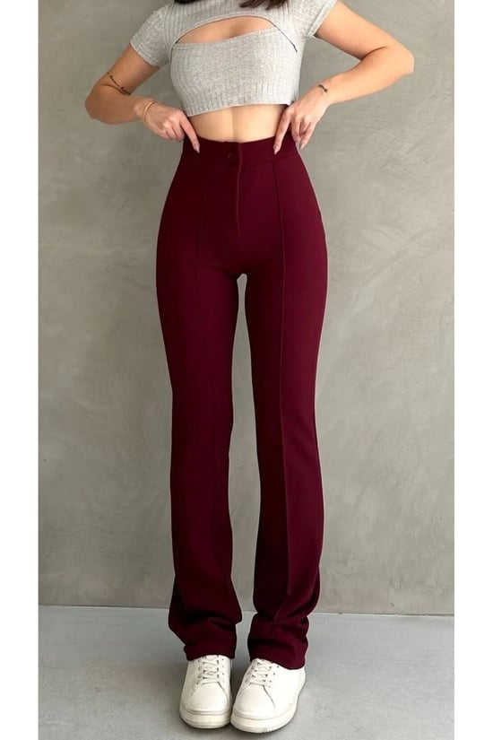 Thiff Krep Kumaş Likralı Önü Çimalı Bordo Kadın Palazzo Pantolon