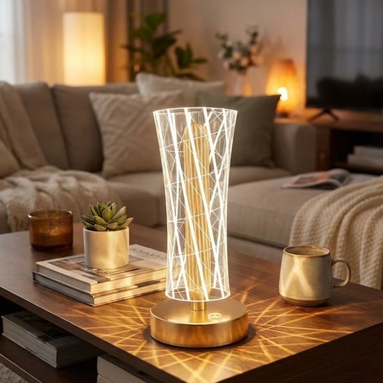 Buffer® Silindirik Kristal Çizgi Model Led Masa Lambası – Gold Tabanlı, Dokunmatik, 3 Renk İşık Modl