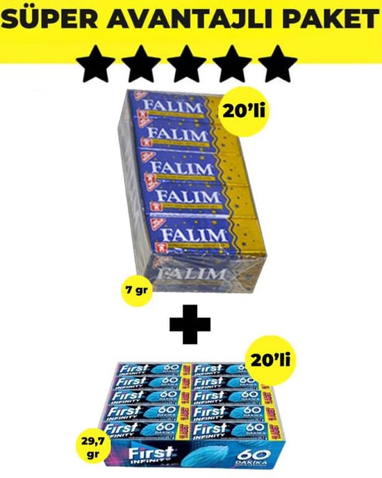 Falım Damla Aromalı Sakız (5'li X 20 Adet)- First İnfinity 11s Stick Nane Aromalı Sakız (29,7 Gr X 20 Adet) - Avantajlı Falım First Paketi
