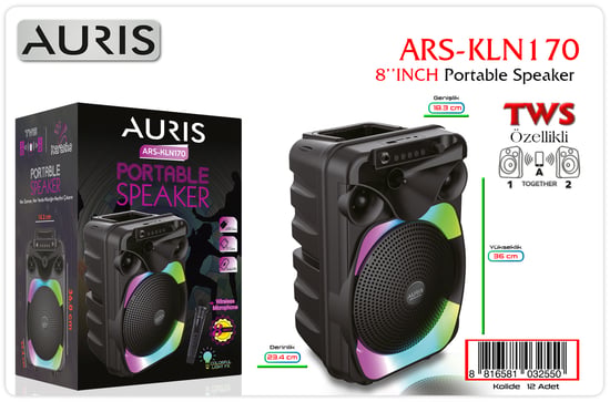 Auris Ars-kln170 10w 8 İnç Kablosuz Mikrofonlu Rgb Bluetooth Hoparlör