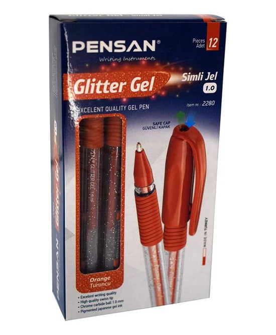 Pensan Turuncu Tükenmez Kalem Glitter Simli Jel 12'li Paket