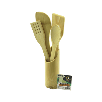 İ22-195 ( 5pcs ) ( Ahşap Bambu ) Mutfak Servis Seti ( Kaşık & Çatal & 2 Pcs Spatula & Stand ) ( 27.5cm & 30cm ) ( Fileli Ambalaj )