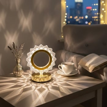 Buffer® Güneş Şeklinde Kristal Led Masa Lambası – Dokunmatik, 3 Renk İşık Modlu, Şarjlı Mini Dekorat