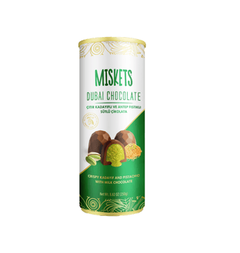 Dubai Çikolatası 250g – Çıtır Kadayıflı & Antep Fıstıklı Sütlü Çikolata | Premium Silindir Kutu | Hediyelik Lüks Çikolata