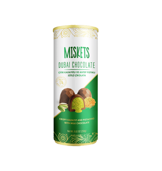 Dubai Çikolatası 250g – Çıtır Kadayıflı & Antep Fıstıklı Sütlü Çikolata | Premium Silindir Kutu | Hediyelik Lüks Çikolata