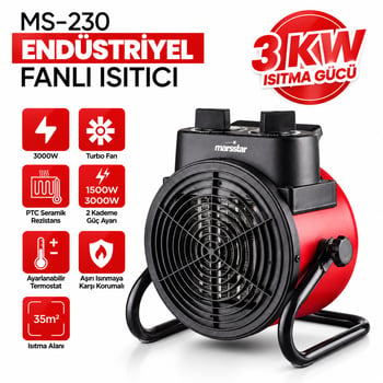 Marsstar Ms-230 ( Sıcak ) ( Ptc Seramik Rezistans ) ( Endüstriyel ) ( Fanlı ) Elektrikli Isıtıcı ( Soba ) ( 2 Kademeli Güç Ayar ) ( 3kw )