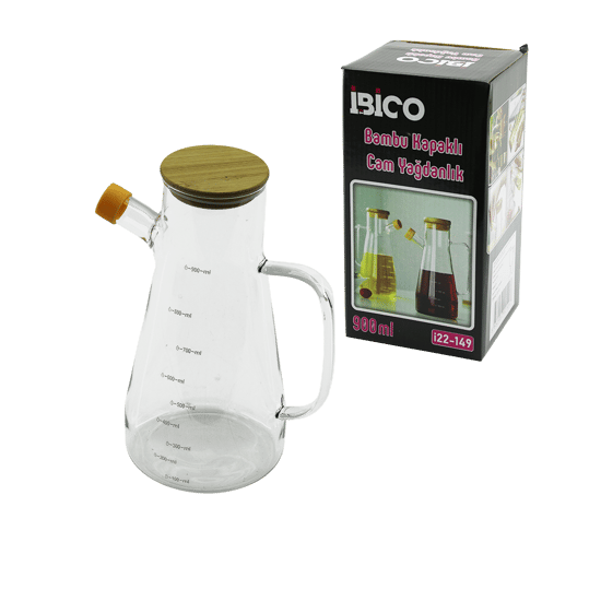 İ22-149 ( 900ml ) ( Cam ) Yağdanlık ( Bambu Kapaklı & Ölçekli ) ( Cam Kulplu )