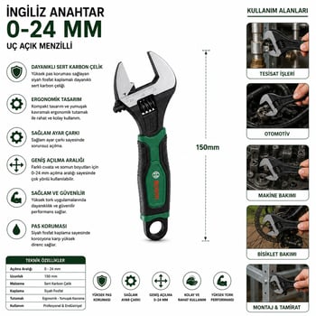 Bosch-1 600 A03 9hn ( 527 ) ( 6" & 150mm ) İngiliz Anahtar & Kurbağacık Seti