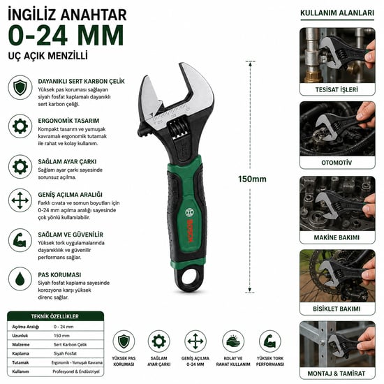 Bosch-1 600 A03 9hn ( 527 ) ( 6" & 150mm ) İngiliz Anahtar & Kurbağacık Seti