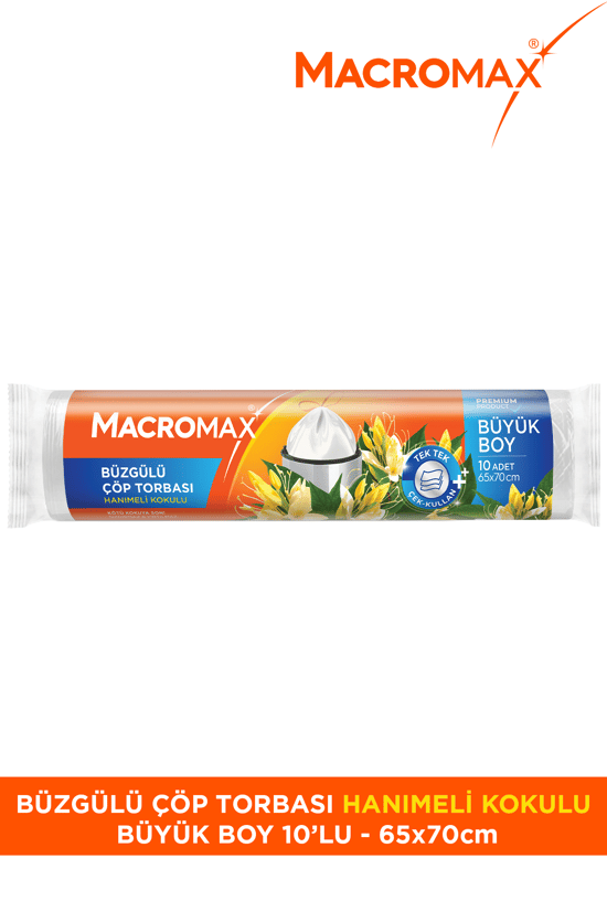 Macromax Büzgülü Çöp Torbası Büyük Boy (65x70cm) Hanımeli Kokulu 10 Adet Süper Ekonomik Paket