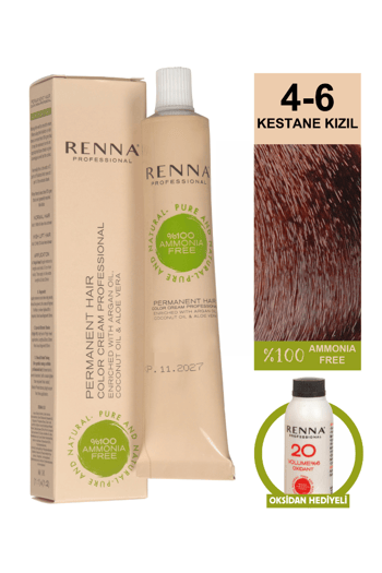 Renna Bitkisel Amonyaksız Saç Boyası 60 Ml 4-6 Kestane Kızıl Oksidan Hediyeli