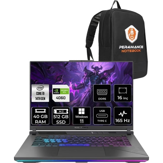 Asus Rog Strix G16 İ9 14900hx Rtx 4060 Gaming Laptop 40gb Ram 512gb Ssd 16" Fhd+ 165hz Win11 Pro + P
