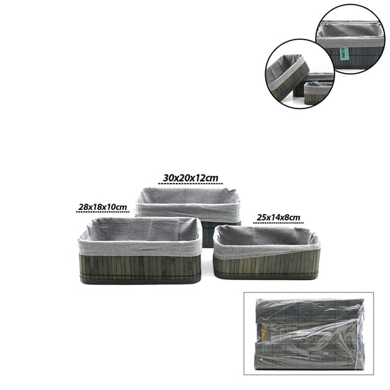 İ22-327 ( Gri ) ( 3 Boy ) ( D.dörtgen ) ( Bambu Kenar ) Organizer Sepet ( Ahşap Altlık & Bezli ) ( 25x14-28x18-20x30cm )