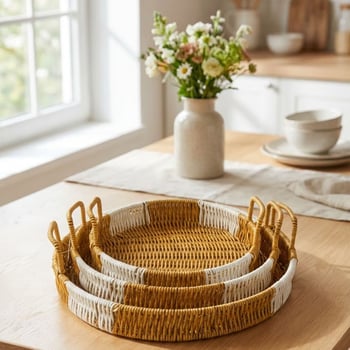 BUFFER® İç İçe Geçebilen 3’lü Yuvarlak Plastik Rattan Tepsi Seti–Çift Renkli Hasır Görünümlü Çok Ama