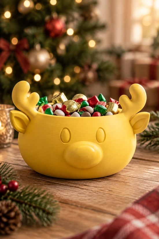 Sonbahar ve Noel Temalı Ren Geyiği Figürlü Bowl - Sunum Kabı Sarı