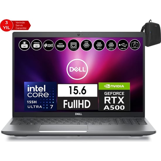 Dell Precısıon M3591 Intel Ultra 7-155h Vpro 64gb 2tb Ssd Rtxa500 4gb 15.6" Windows 11 Pro Taşınabil