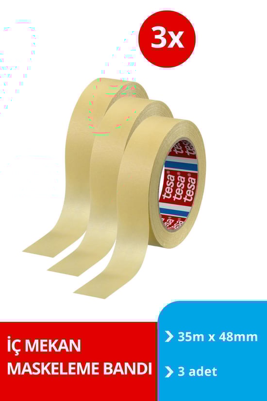 Tesa İç Mekan Maskeleme Bandı, Boya Bandı, Kağıt Bant, Krem, 35m X 48mm, 3'lü Set