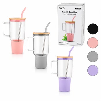 İ22-349 ( Cam ) ( 1000ml ) Matara & Suluk ( Bambu Kapak & Sızdırmaz Silikonlu ) ( Çelik Pipet ) ( Koruyucu Silikon Altlık & Kılıf )