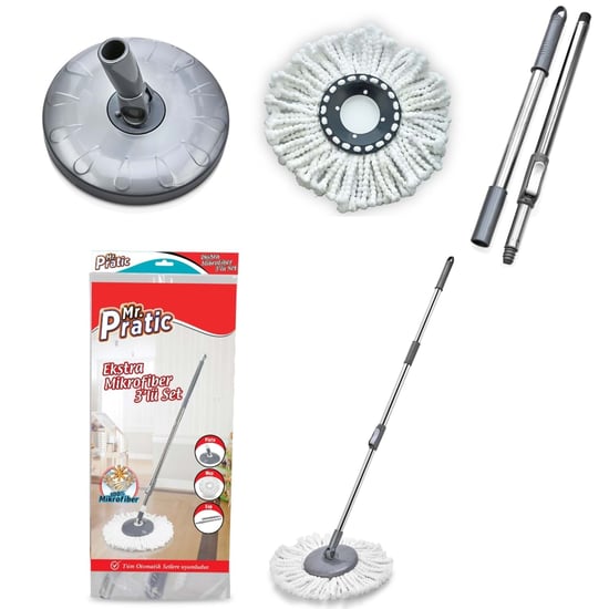 Mr.pratic Çantalı Mop 3'lü Set-360 Derece Döner Set Uyumlu Temizlik Seti Yedek Sap Başlık Mikrofiber Paspas ve Mop