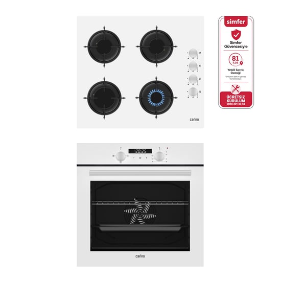 Carino 4 Fonksiyon Dijital Beyaz Power Turbo 2'li Cam Ocaklı Ankastre Set (fırın+ocak)