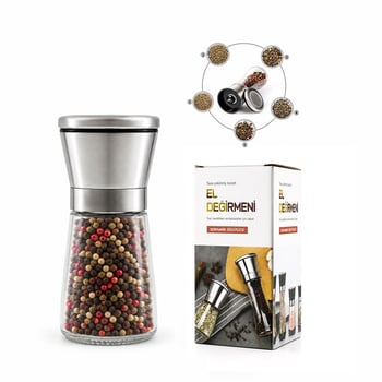 İ22-411 Hand Grinder ( Küçük ) ( Cam Hazneli & Krom Kaplama Pls.kapaklı ) Tuz & Baharat Öğütücü