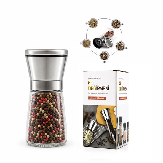 İ22-411 Hand Grinder ( Küçük ) ( Cam Hazneli & Krom Kaplama Pls.kapaklı ) Tuz & Baharat Öğütücü