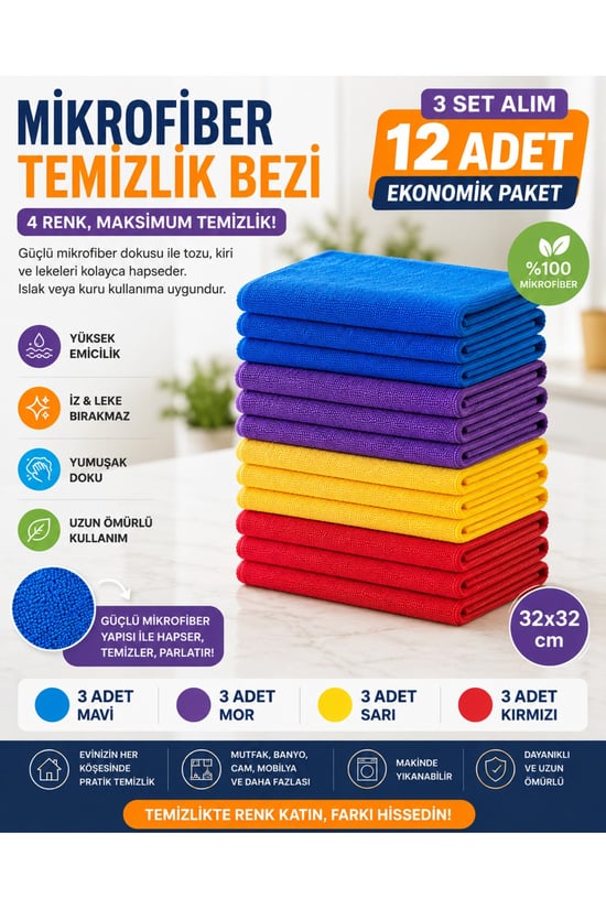 Molto 32x32 Mikrofiber Temizlik Bezi 12'li Set – 4 Renk, Yüksek Emicilik, Leke Tutmaz, Koku Yapmaz