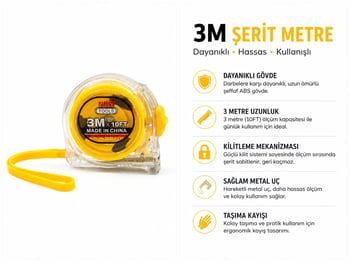 3 Metre X 16mm Şerit Metre | Kompakt Ölçüm Metresi