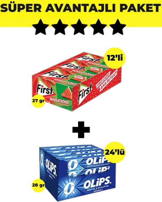 First Sensations Karpuz Aromalı Sakız (27gr X 12 Adet)- Olips Mentol Okaliptüs Şekerleme 24'lü Paket (28gr X 24 Adet) - Avantajlı First Olips Paketi