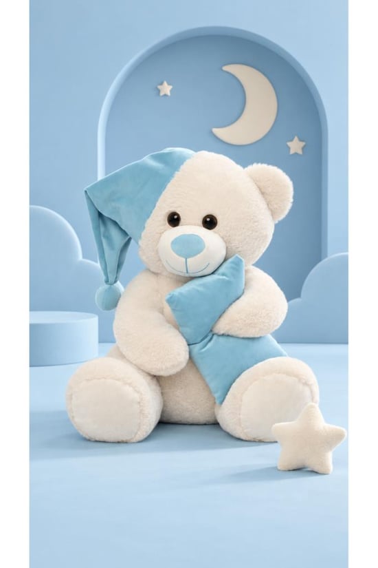 Pufu Toys Uyku Arkadaşım 60 Cm Mavi Şapkalı Peluş Ayıcık
