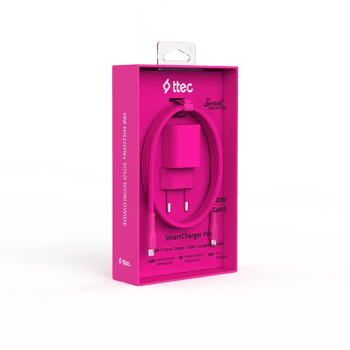 Ttec Smartcharger Gan 20w Pd Seyahat Hızlı Şarj Aleti + Usb-c - Lightning 120cm Kablo Neon Pembe