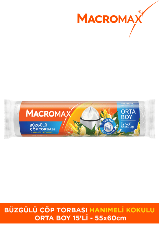 Macromax Büzgülü Çöp Torbası Orta Boy (55x60cm) Hanımeli Kokulu 15 Adet Süper Ekonomik Paket