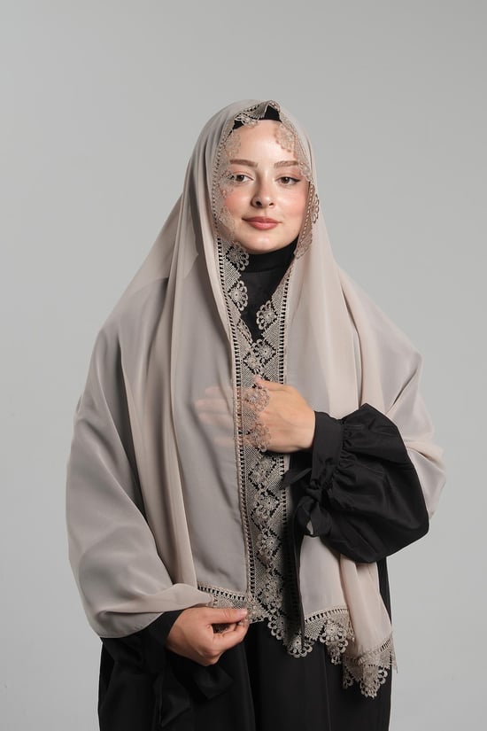 Hürrem Bone Bej Namaz Başörtüsü Şal Şifon Güpürlü 202106_12